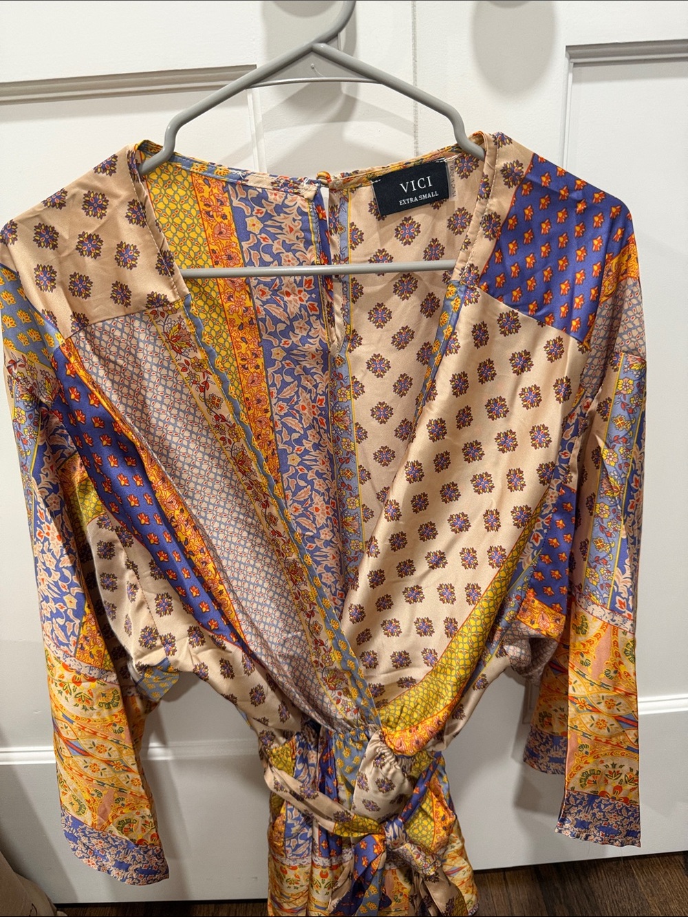 VICI Patchwork Tie-Waist Romper in Beige, Blue & Mustard - Picture 3 of 5